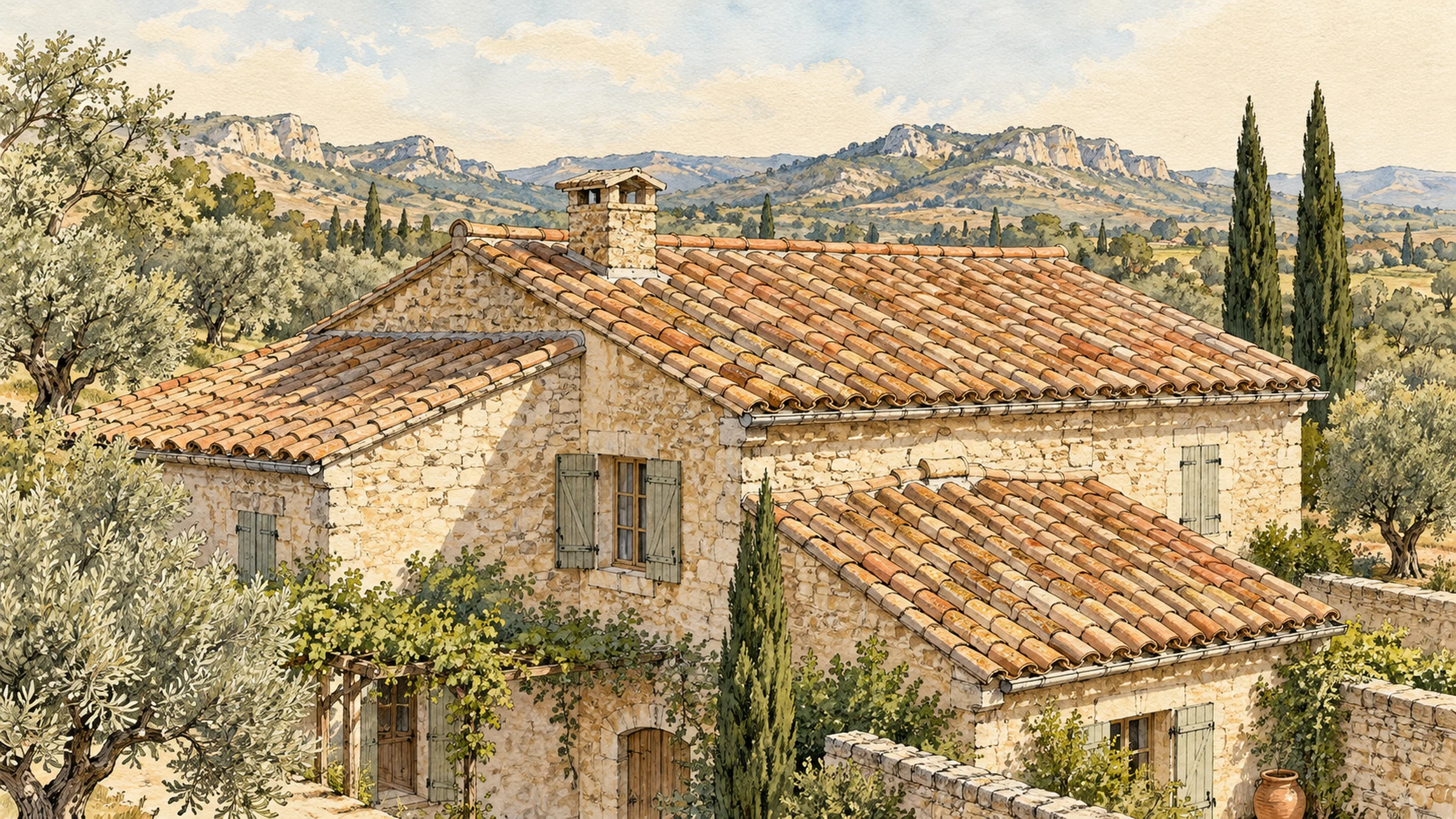 Illustration à l’aquarelle : mas en pierre couvert de tuiles canal, oliviers, cyprès et reliefs des Alpilles.
