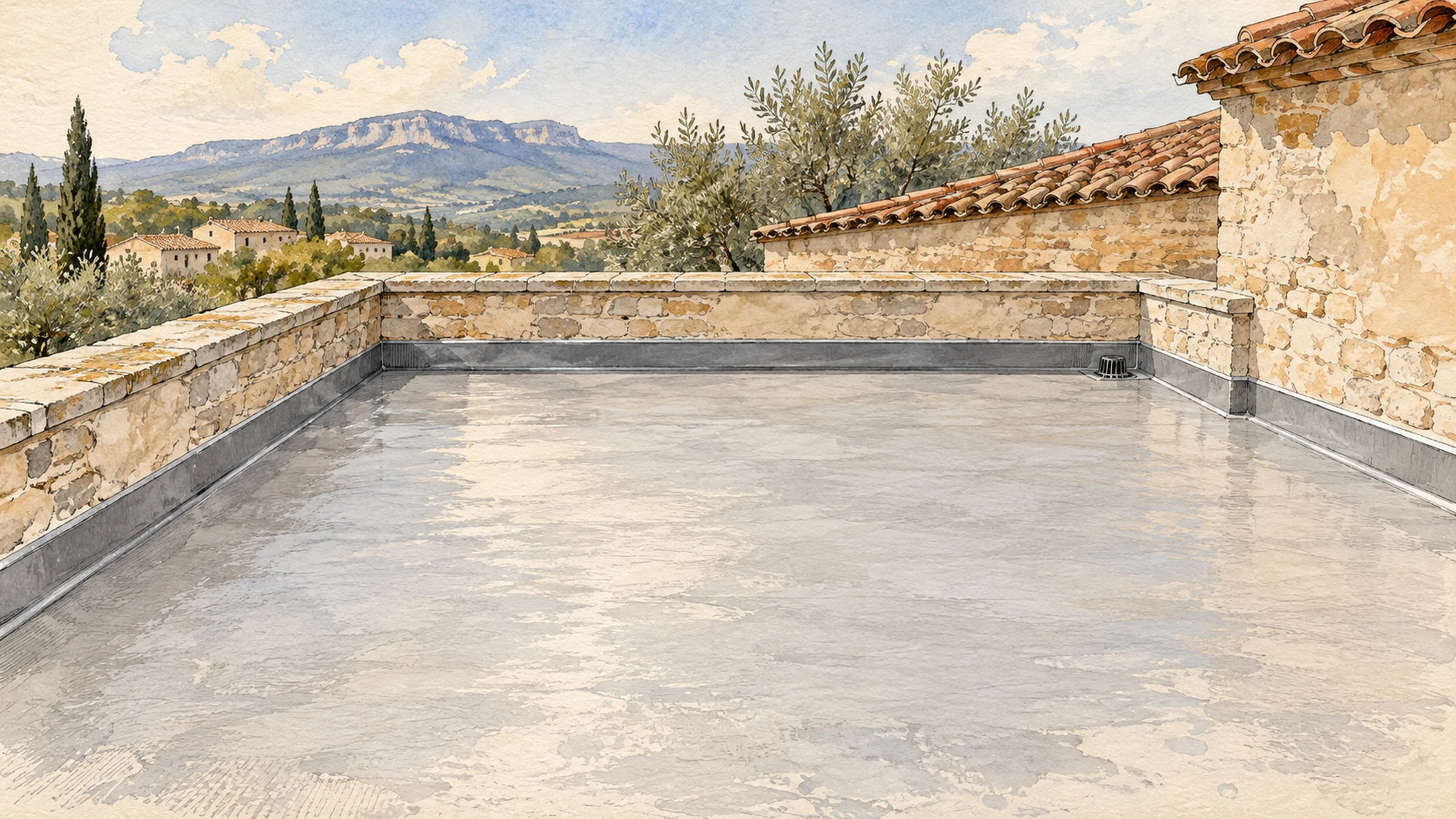 Illustration à l’aquarelle : toit-terrasse au revêtement étanche, relevé au pied d’un acrotère en pierre et évacuation d’eau.