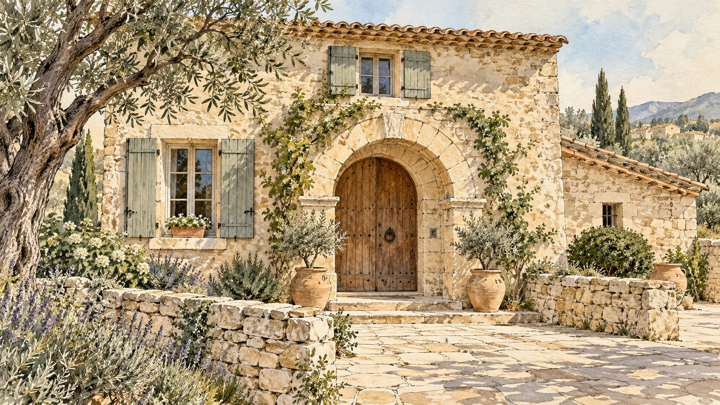 Illustration à l’aquarelle : façade de mas ancien en pierre, porte en bois sous un arc en plein cintre, volets et muret.