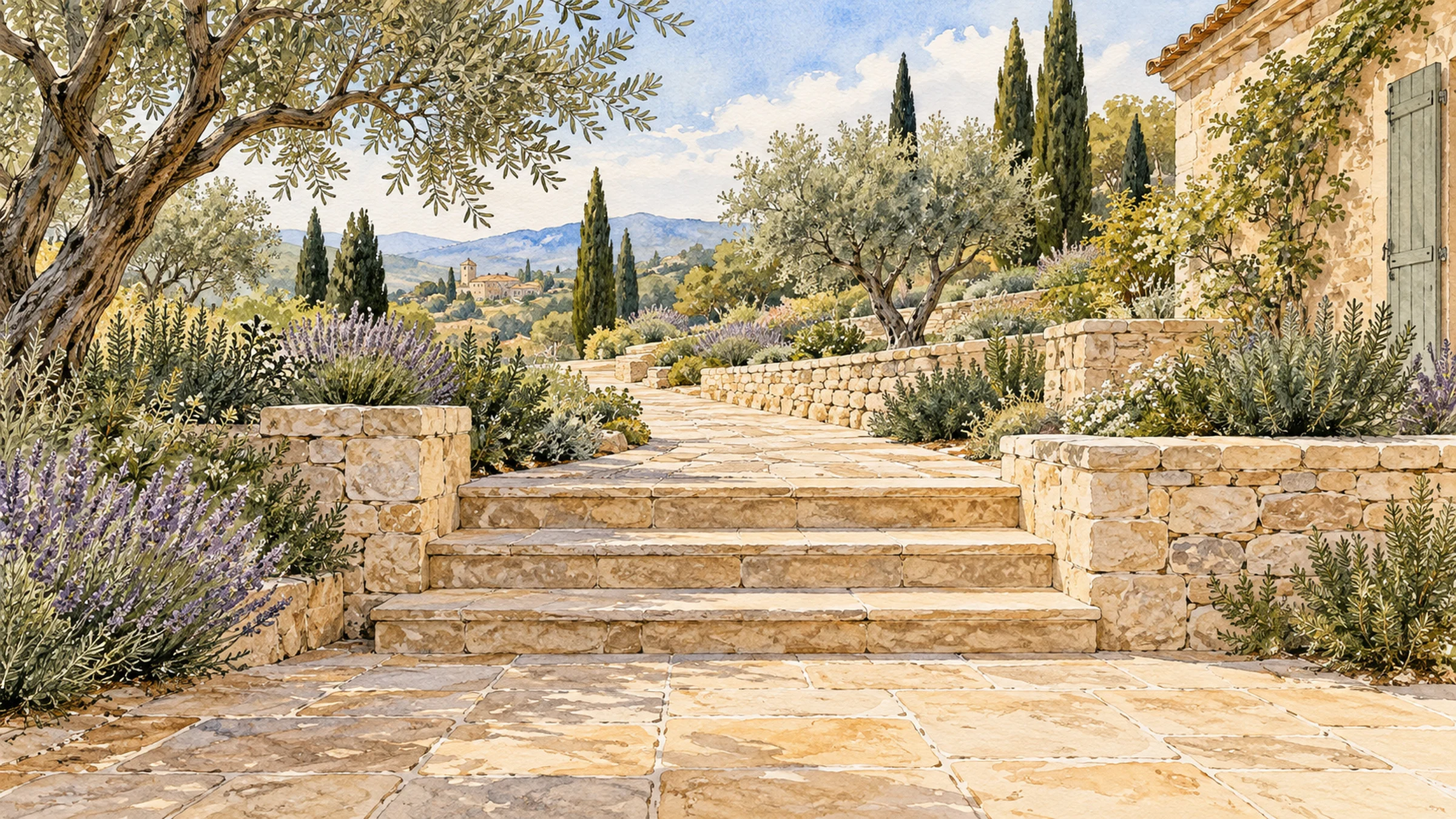Illustration à l’aquarelle : terrasse en pierre, larges marches et allée courbe entre murets, lavande, olivier et romarin.